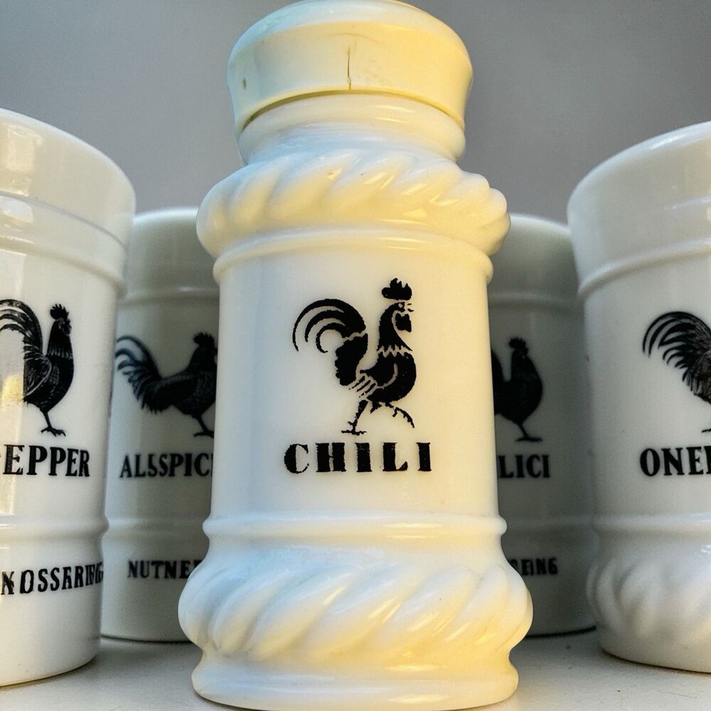Hazel Atlas Milk Glass Spice Jars Black Roosters 11 Mid Century - Picture 5 of 8